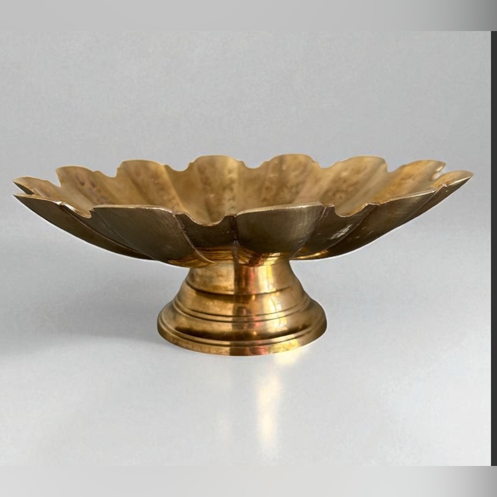 Vintage Brass Pedestal Decorative Bowl with Floral Etching – 10” Wide